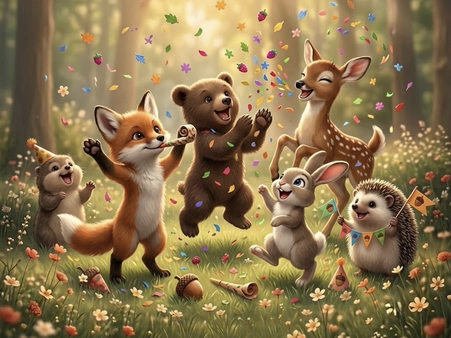 Woodland animals gathered together in a forest clearing, the caregivers sharing one little one's day